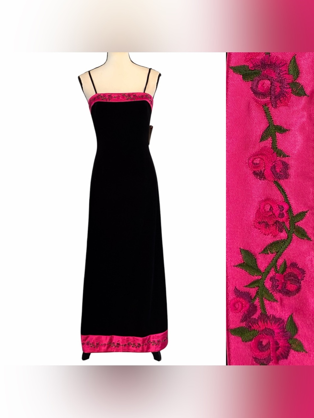 Vintage 90s Papell Boutique Velvet Floral Embroidery Strapless Formal Maxi Dress